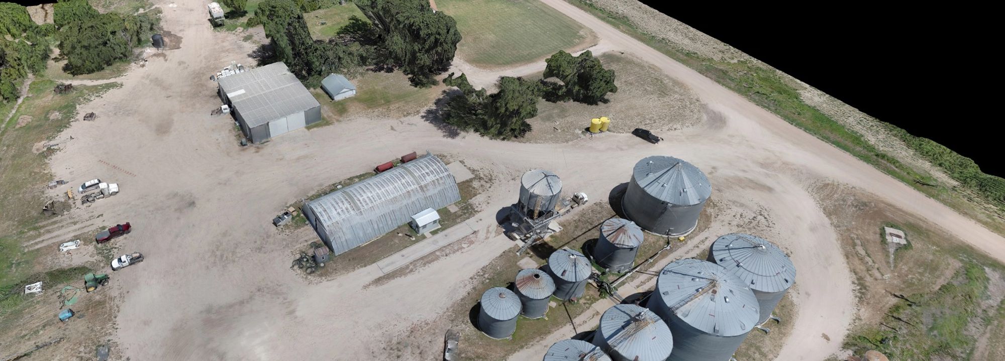 Grain bins and farm buildings from the air