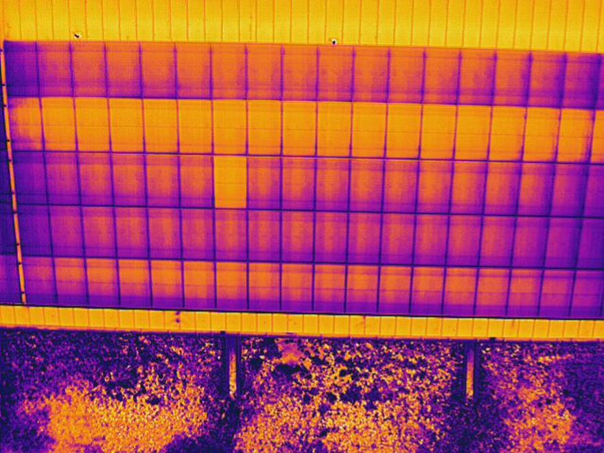 Thermal image of rooftop solar panels